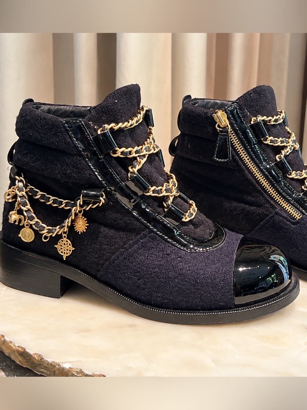 CHANEL Paris- Salzburg Wool Patent Chain Charm Boots 36.5